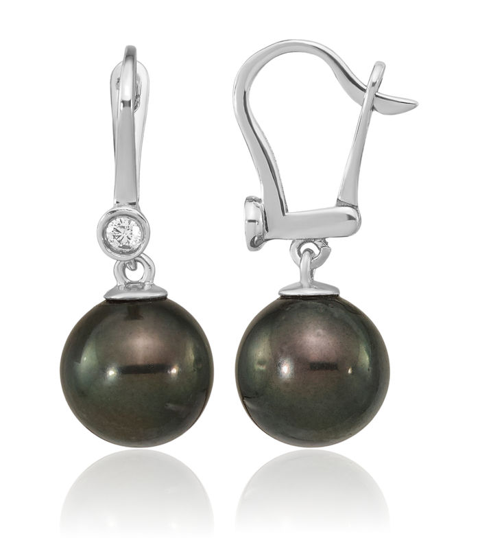 14K Solid White Gold 9mm Black Round Tahitian Saltwater Cultured Pearl .10 Diamond Drop Dangle Earrings