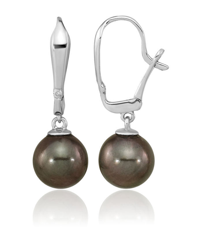 14K Solid White Gold 9mm Black Round Tahitian Saltwater Cultured Pearl Diamond Drop Dangle Earrings