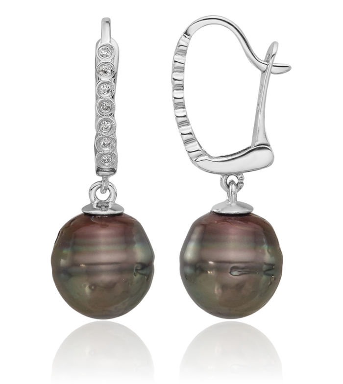 14K Solid White Gold 9mm Black Round Tahitian Saltwater Cultured Pearl .07 Diamond Drop Dangle Earrings