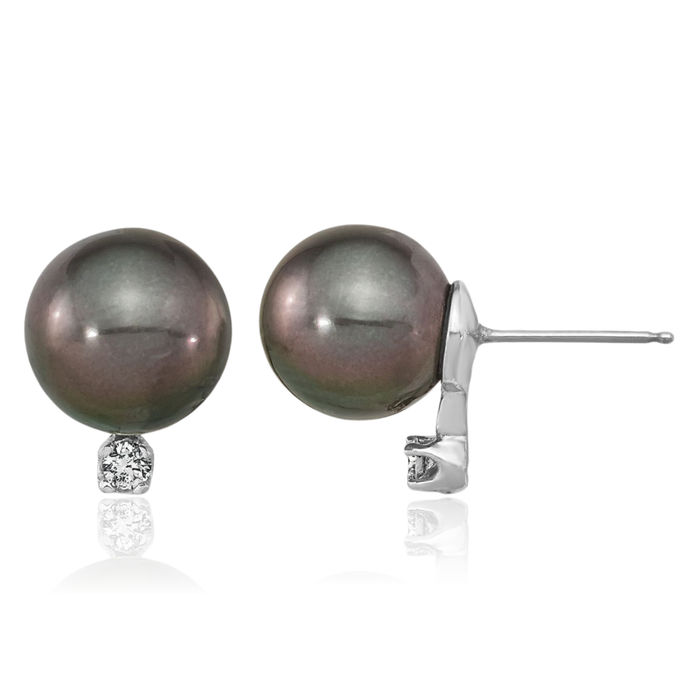 14K Solid White Gold 9mm Black Round Tahitian Saltwater Cultured Pearl .10 Diamond Stud Earrings