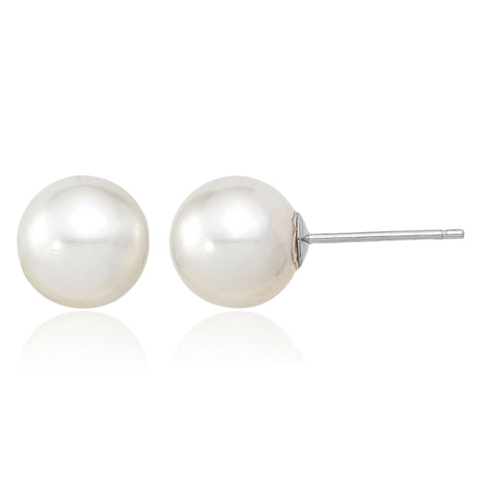 14K Solid White Gold 9mm Round South Sea Saltwater Cultured Pearl Stud Earrings