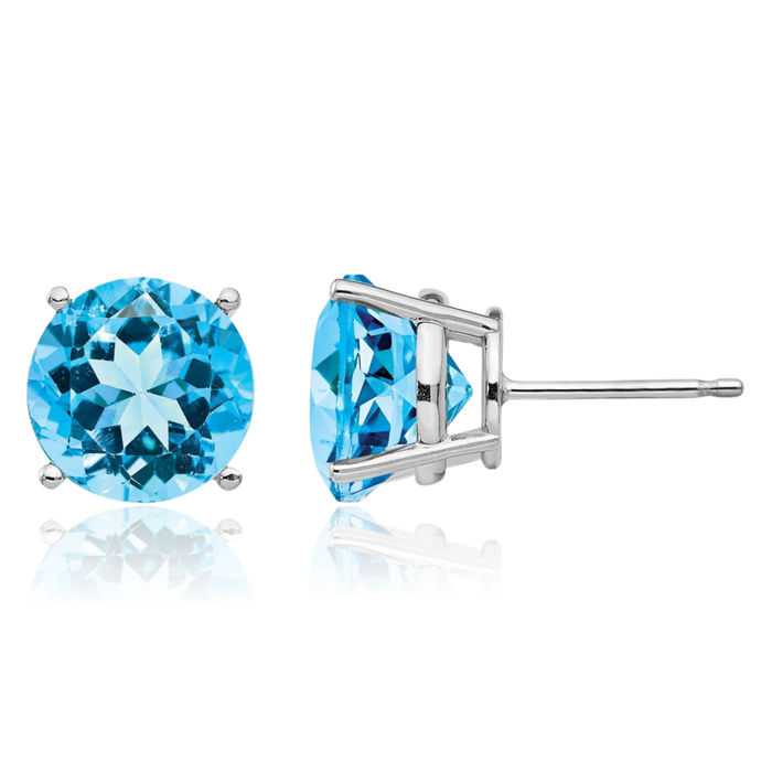 14K Solid White Gold 9mm Swiss Blue Topaz Studs Gemstone Solitaire Earrings December Birthstone Jewelry