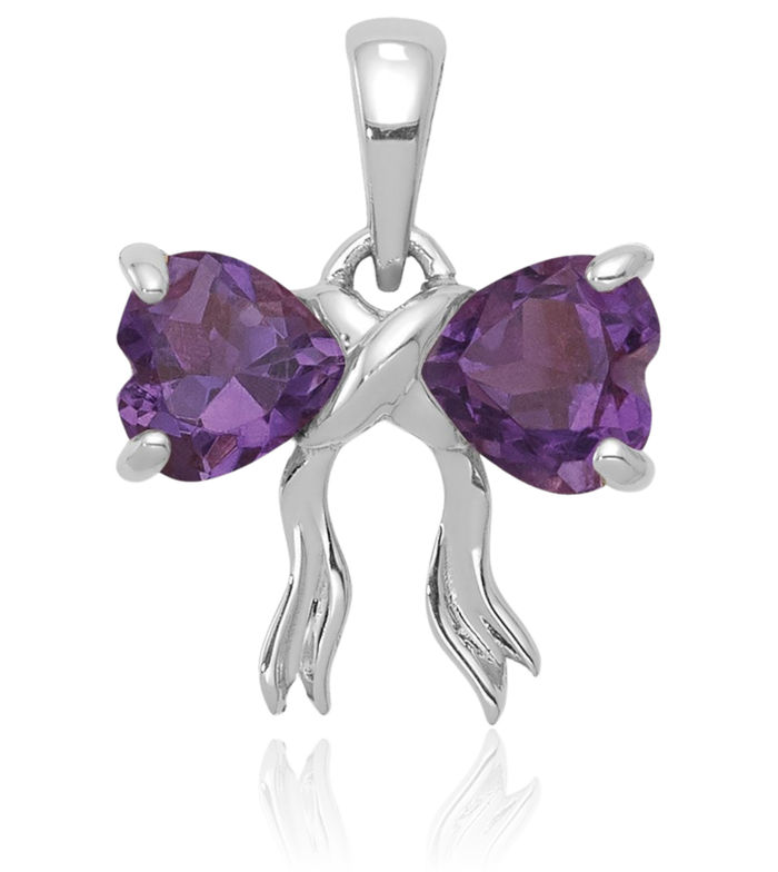 14K Solid White Gold Purple Amethyst Bow Necklace Heart Gemstone Pendant Charm February Birthstone Jewelry