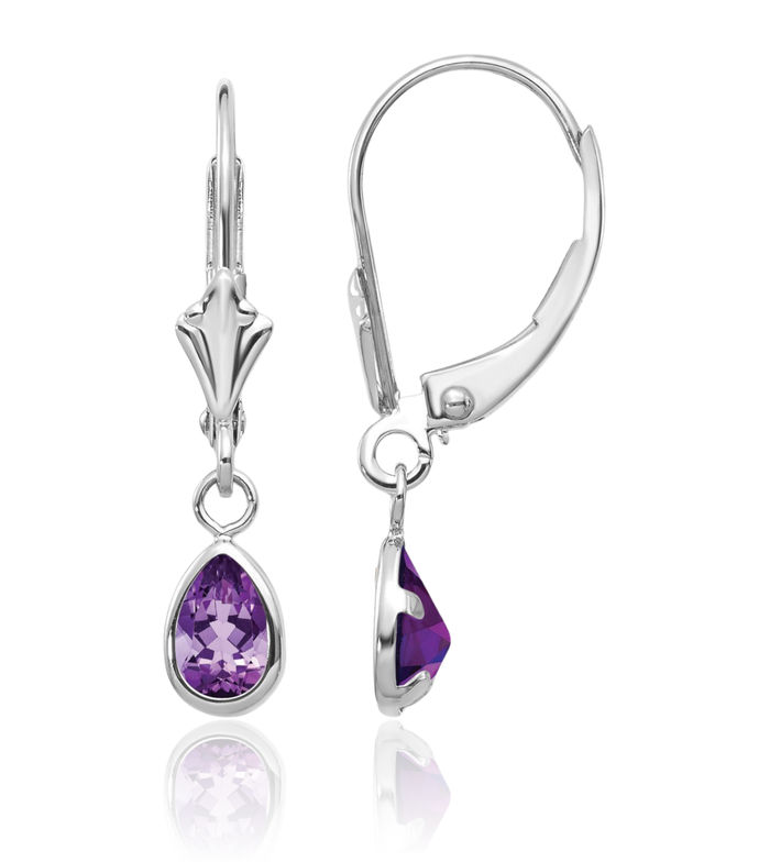 14K Solid White Gold Purple Amethyst Drop Dangle Earrings Pear Teardrop Gemstone February Birthstone Jewelry