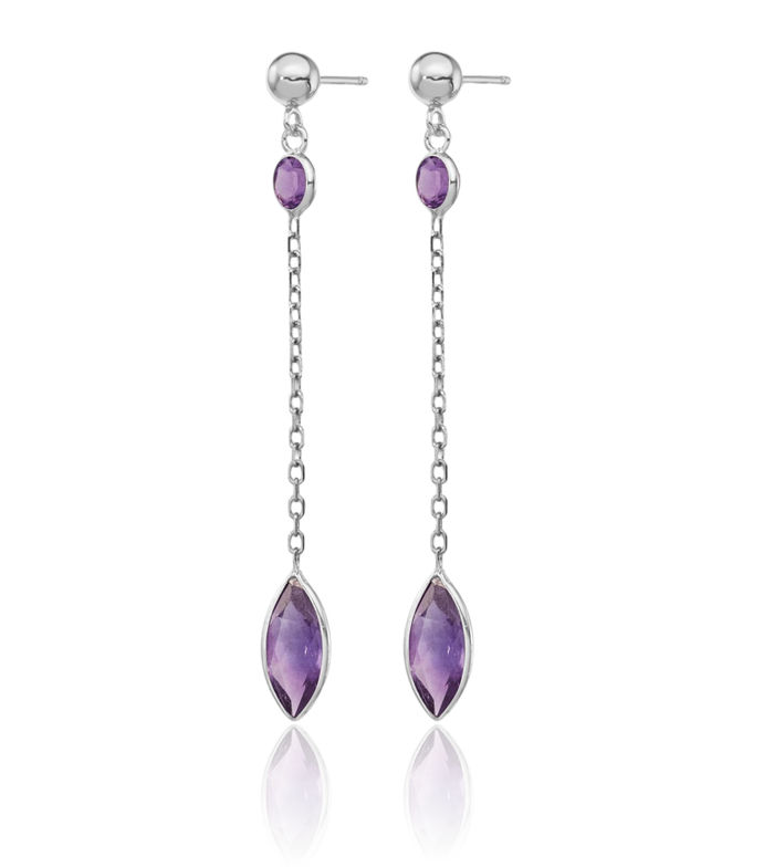 14K Solid White Gold Purple Amethyst Post Drop Dangle Earrings February Birthstone Jewelry