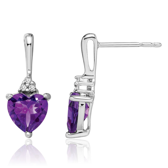 14K Solid White Gold Purple Amethyst Diamond Heart Drop Dangle Earrings Gemstone Post Push Back February Birthstone Jewelry