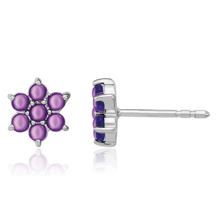 14K Solid White Gold Purple Amethyst Flower Stud Earrings February Birthstone Jewelry