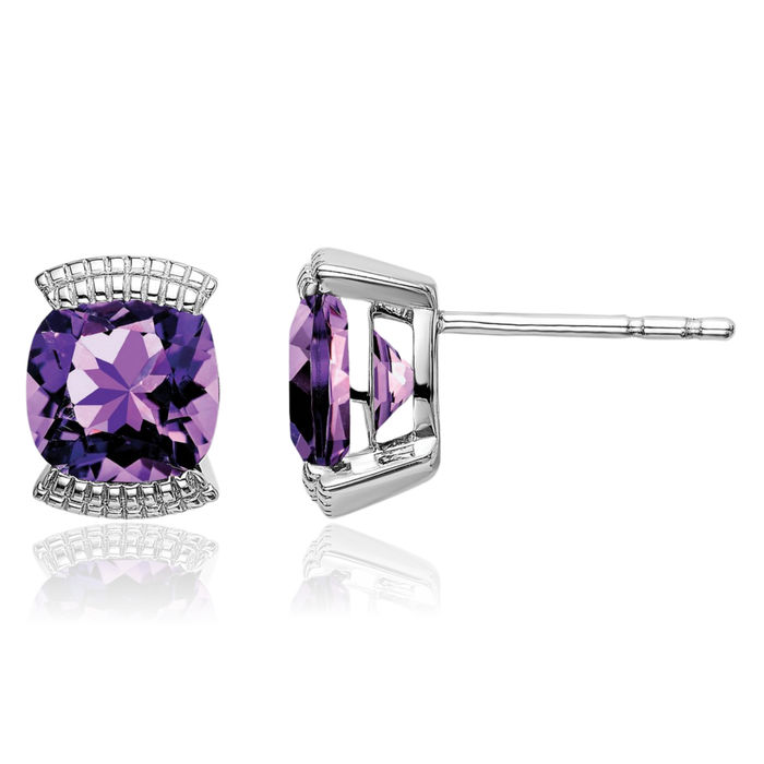 14K Solid White Gold Purple Amethyst Studs Gemstone Earrings February Birthstone Jewelry