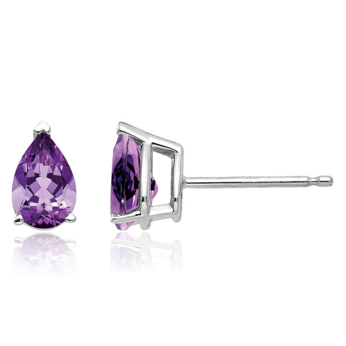 14K Solid White Gold Purple Amethyst Studs Pear Teardrop Gemstone Solitaire Earrings February Birthstone Jewelry