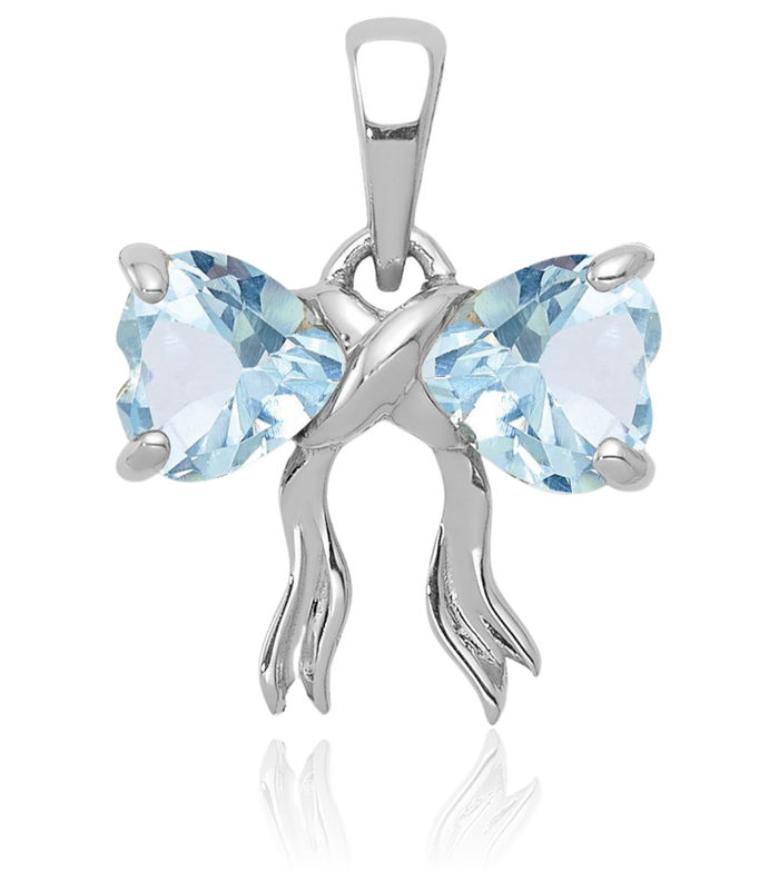 14K Solid White Gold Blue Aquamarine Bow Necklace Heart Gemstone Pendant Charm March Birthstone Jewelry