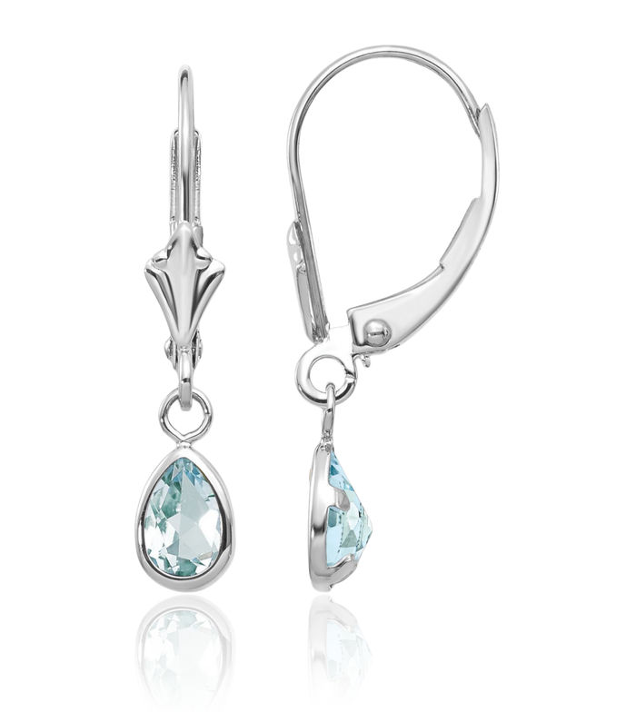 14K Solid White Gold Blue Aquamarine Drop Dangle Earrings Pear Teardrop Gemstone March Birthstone Jewelry