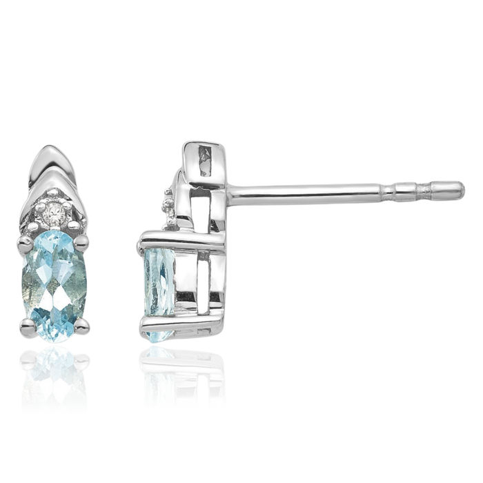 14K Solid White Gold Blue Aquamarine Diamond Drop Dangle Stud Earrings March Birthstone Jewelry