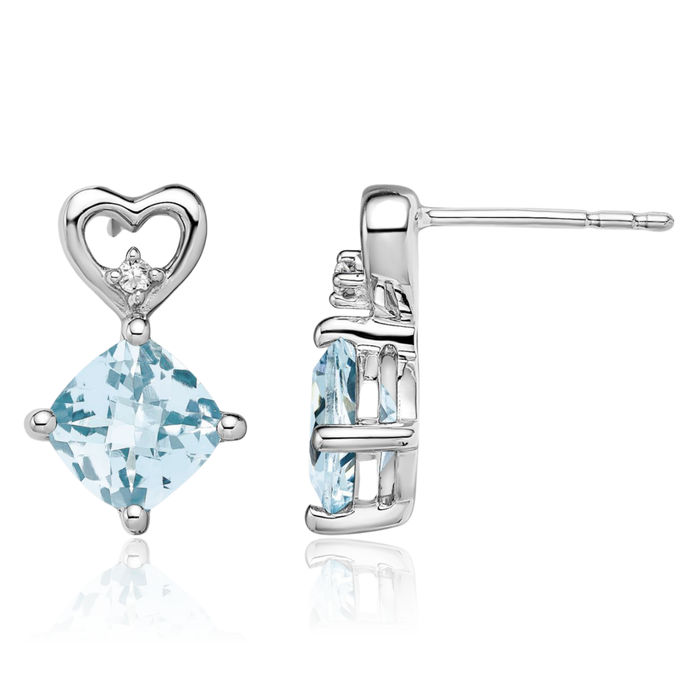 14K Solid White Gold Blue Aquamarine Diamond Heart Drop Dangle Earrings March Birthstone Jewelry