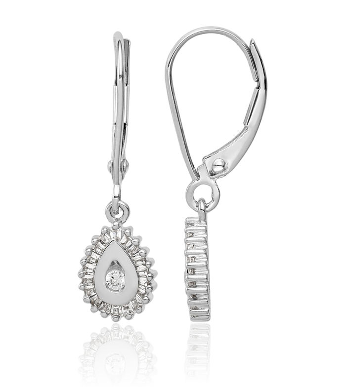 14K Solid White Gold Baguette Diamond Teardrop Halo Round Drop Dangle Earrings