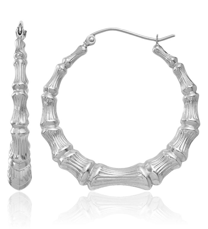 14K Solid White Gold Bamboo Round Medium Hoop Earrings