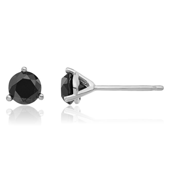 14K Solid White Gold Black Diamond Stud Earrings