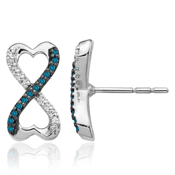 14K Solid White Gold Blue Diamond Infinity Twisted Love Knot Symbol Heart Drop Dangle Earrings