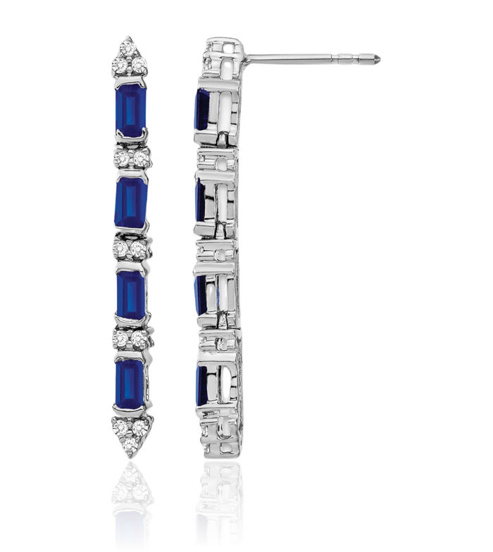 14K Solid White Gold Blue Sapphire Diamond 4 Stone Line Bar Drop Dangle Earrings Gemstone Post Push Back September Birthstone Jewelry