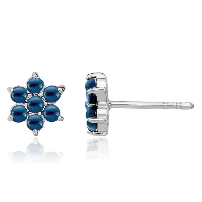 14K Solid White Gold Blue Sapphire Flower Stud Earrings September Birthstone Jewelry