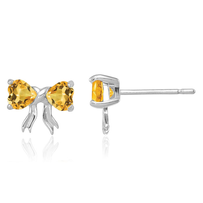 14K Solid White Gold Yellow Orange Citrine Bow Heart Stud Earrings November Birthstone Jewelry