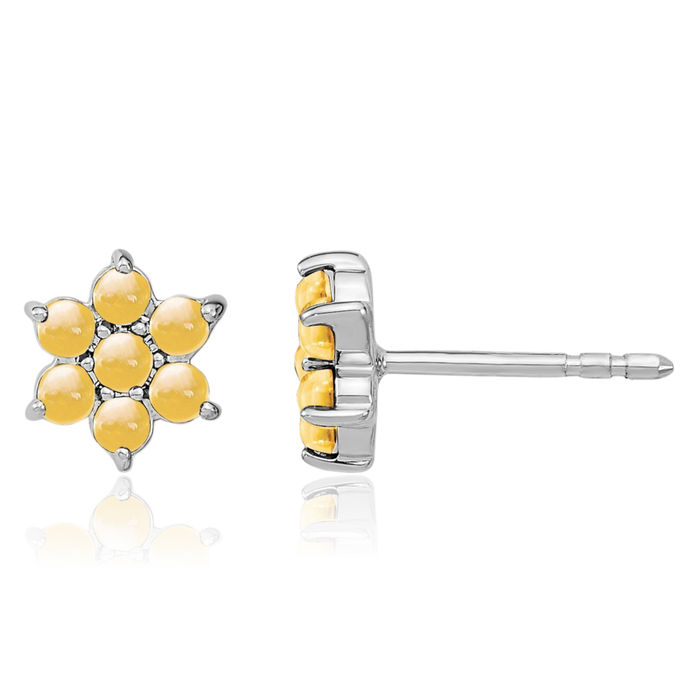 14K Solid White Gold Yellow Orange Citrine Flower Stud Earrings November Birthstone Jewelry