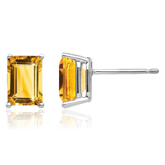 14K Solid White Gold Yellow Orange Citrine Studs Gemstone Solitaire Earrings November Birthstone Jewelry