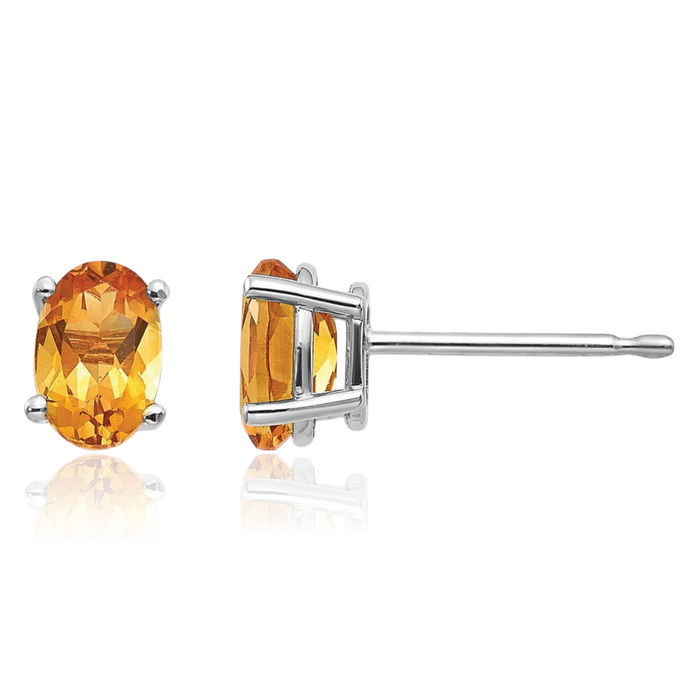 14K Solid White Gold Yellow Orange Citrine Studs Gemstone Solitaire Earrings November Birthstone Jewelry