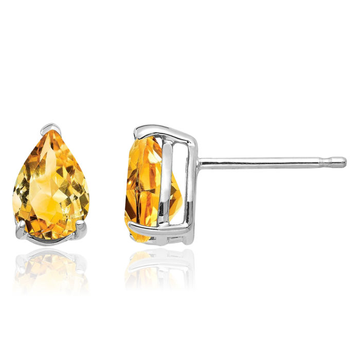 14K Solid White Gold Yellow Orange Citrine Studs Pear Teardrop Gemstone Solitaire Earrings November Birthstone Jewelry