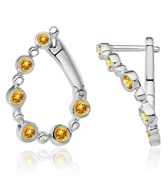 14K Solid White Gold Yellow Orange Citrine Teardrop Huggie Small Hoop Earrings