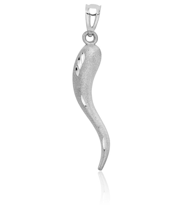 14K Solid White Gold Cornicello Italian Horn Necklace Lucky Protection Amulet Pendant Chilli Pepper Charm