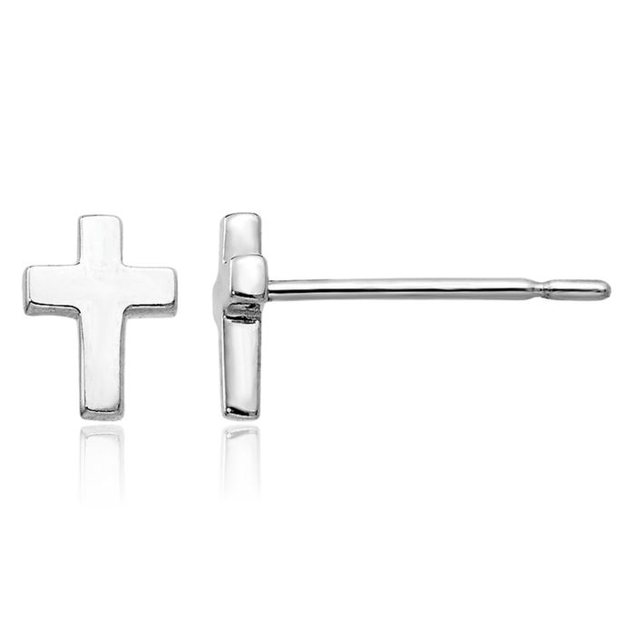 14K Solid White Gold Holy Cross Drop Dangle Christian Religious Stud Earrings