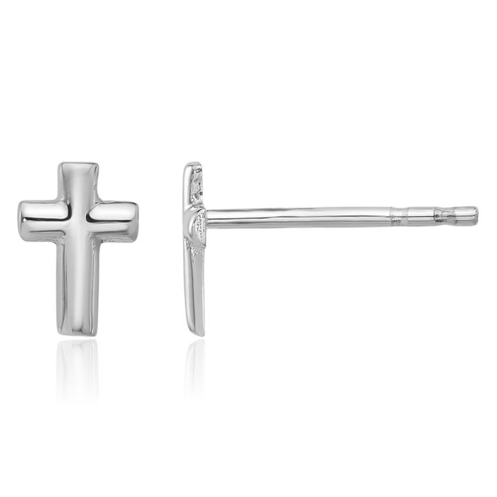 14K Solid White Gold Holy Cross Drop Dangle Christian Religious Stud Earrings