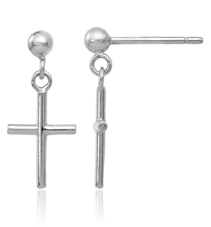 14K Solid White Gold Holy Cross Post Christian Religious Drop Dangle Earrings