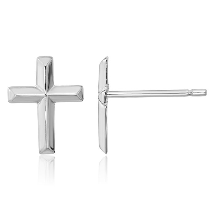 14K Solid White Gold Holy Cross Studs Religious Christian Earrings