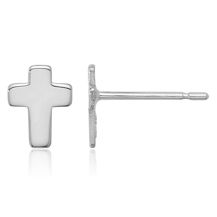 14K Solid White Gold Holy Cross Studs Religious Christian Earrings