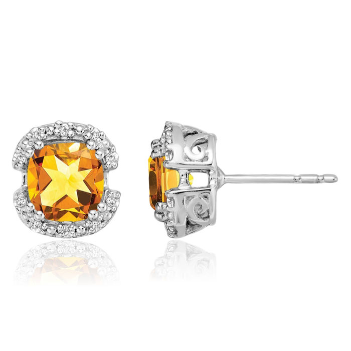 14K Solid White Gold Cushion-Cut Yellow Orange Citrine Diamond Halo Round Stud Earrings November Birthstone Jewelry