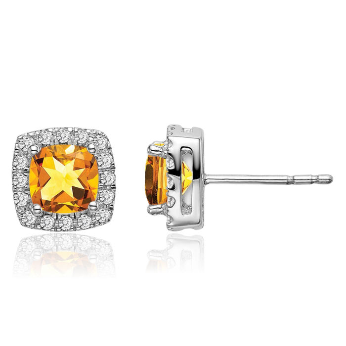 14K Solid White Gold Cushion-Cut Yellow Orange Citrine Diamond Halo Round Stud Earrings November Birthstone Jewelry