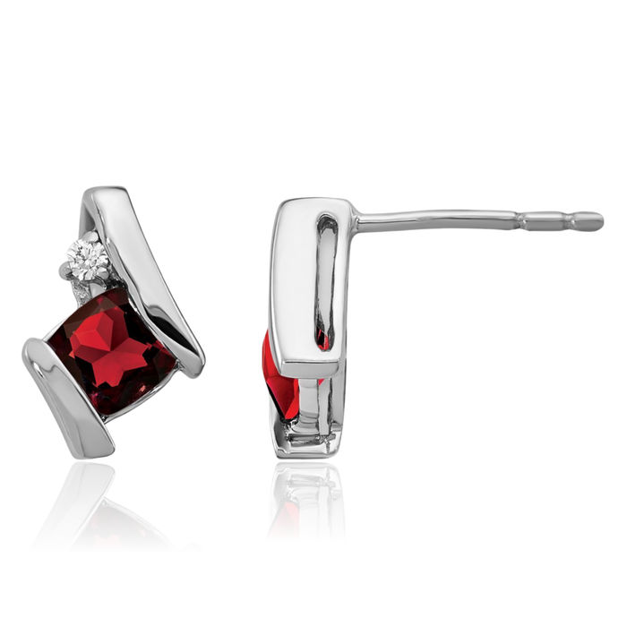 14K Solid White Gold Cushion-Cut Red Garnet Diamond Stud Earrings Gemstone Post Push Back January Birthstone Jewelry