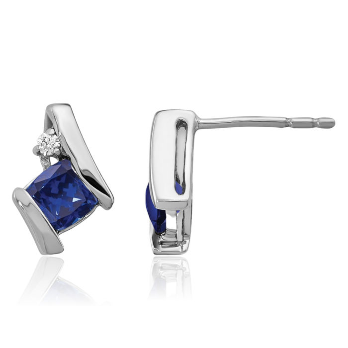 14K Solid White Gold Cushion-Cut Lab Blue Sapphire Diamond Stud Earrings Gemstone Post Push Back September Birthstone Jewelry