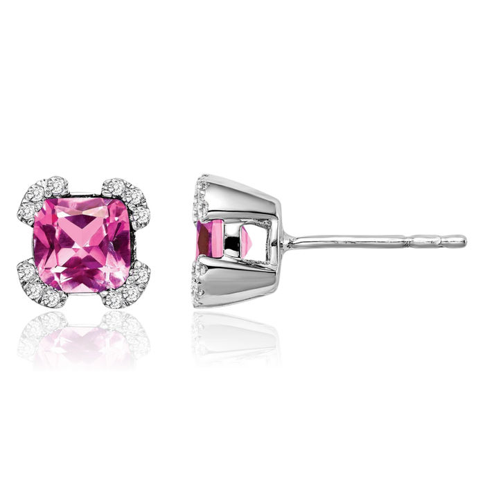 14K Solid White Gold Cushion-Cut Lab Pink Sapphire Diamond Stud Earrings October Birthstone Jewelry