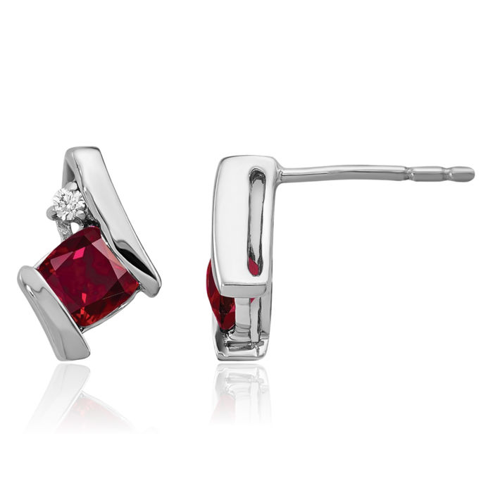 14K Solid White Gold Cushion-Cut Lab Red Ruby Diamond Stud Earrings Gemstone Post Push Back July Birthstone Jewelry