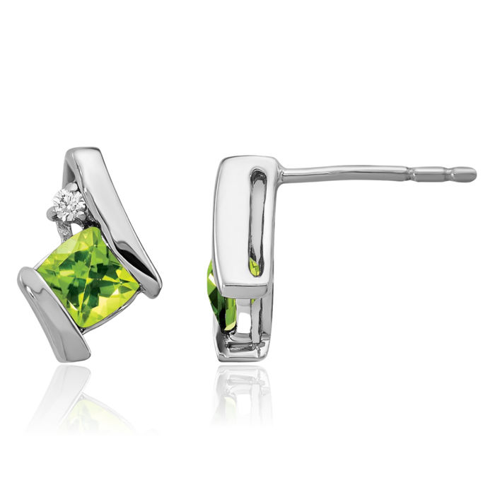 14K Solid White Gold Cushion-Cut Green Peridot Diamond Stud Earrings Gemstone Post Push Back August Birthstone Jewelry