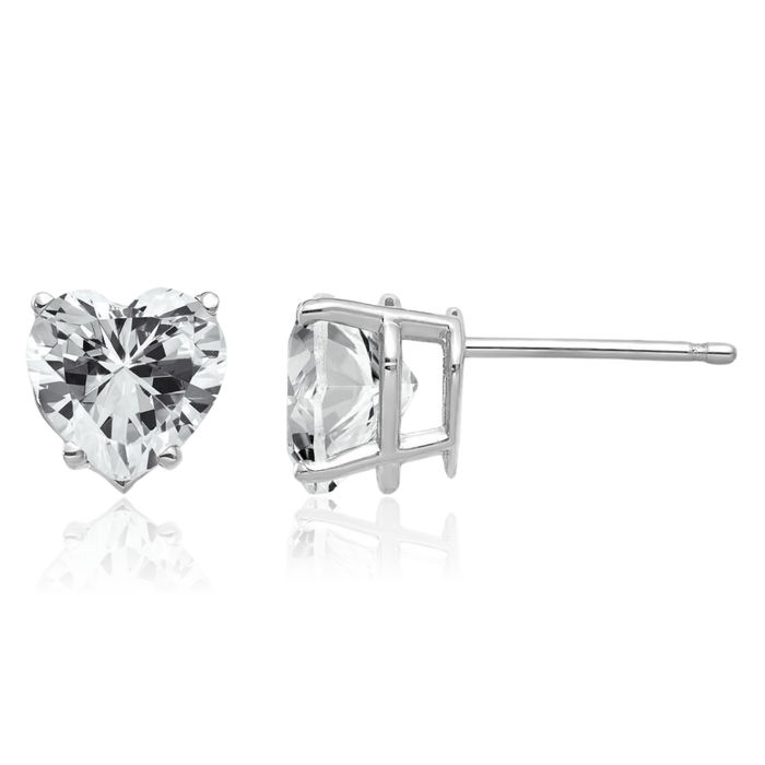 14K Solid White Gold Cubic Zirconia CZ Heart Studs Gemstone Earrings April Birthstone Jewelry