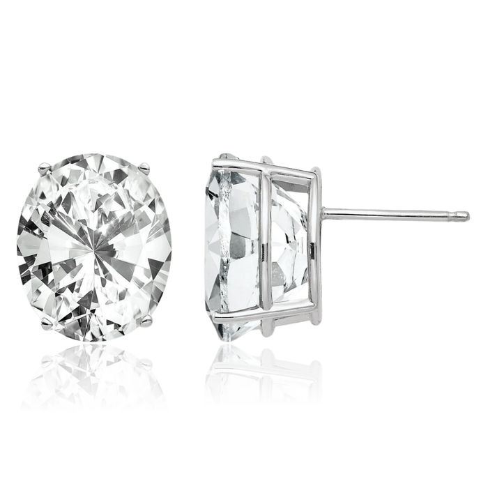 14K Solid White Gold Cubic Zirconia CZ Oval Stud Solitaire Earrings