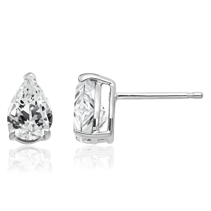 14K Solid White Gold Cubic Zirconia CZ Studs Pear Teardrop Gemstone Solitaire Earrings