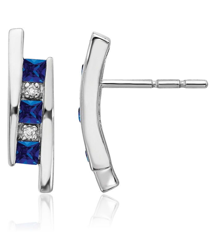 14K Solid White Gold Diamond Blue Sapphire Line Bar Drop Dangle Earrings Gemstone Post Push Back September Birthstone Jewelry
