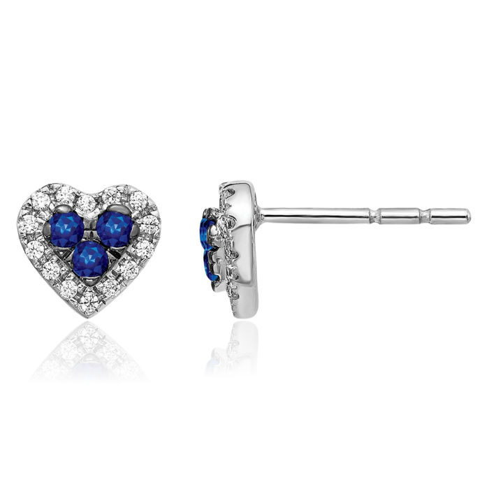 14K Solid White Gold Diamond Blue Sapphire Heart Stud Earrings Gemstone Post Push Back