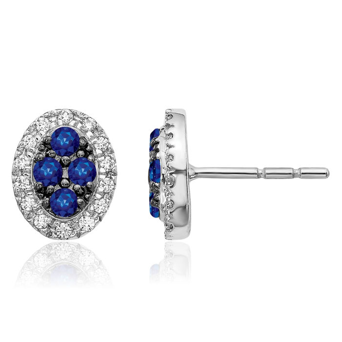 14K Solid White Gold Diamond Blue Sapphire Oval Stud Earrings Gemstone Post Push Back