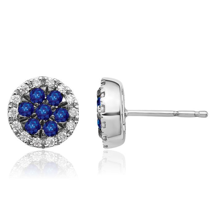 14K Solid White Gold Diamond Blue Sapphire Circle Round Stud Earrings Gemstone Post Push Back