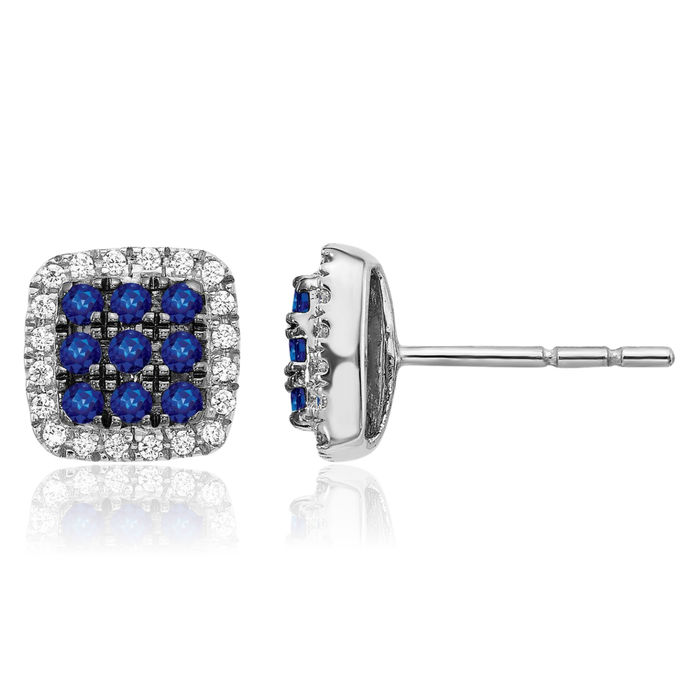 14K Solid White Gold Diamond Blue Sapphire Stud Earrings Gemstone Post Push Back